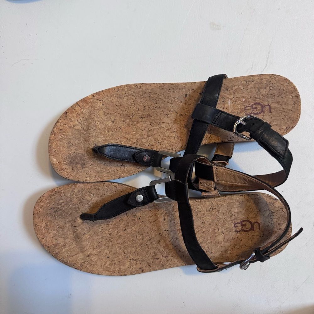 UGG Aleigh Black Leather T-Strap Sandals Women’s Size 8.5 Cork Footbed